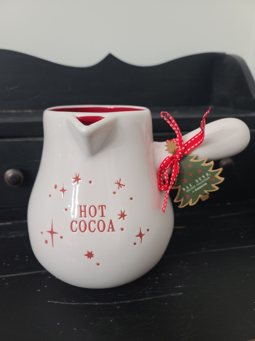 Rae Dunn White Ceramic Hot Cocoa Pitcher with Red Accents